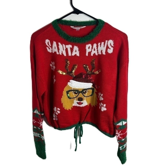 Santa Paws Ugly Christmas Sweater NWT Large Dog Cropped Red Green Sequin - Picture 1 of 7